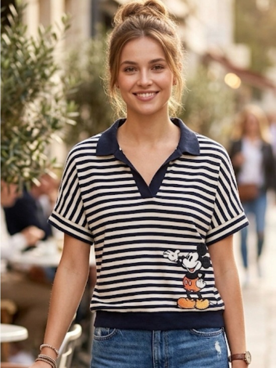 Disney Tops - Disney Mickey Mouse Navy and White Striped Polo